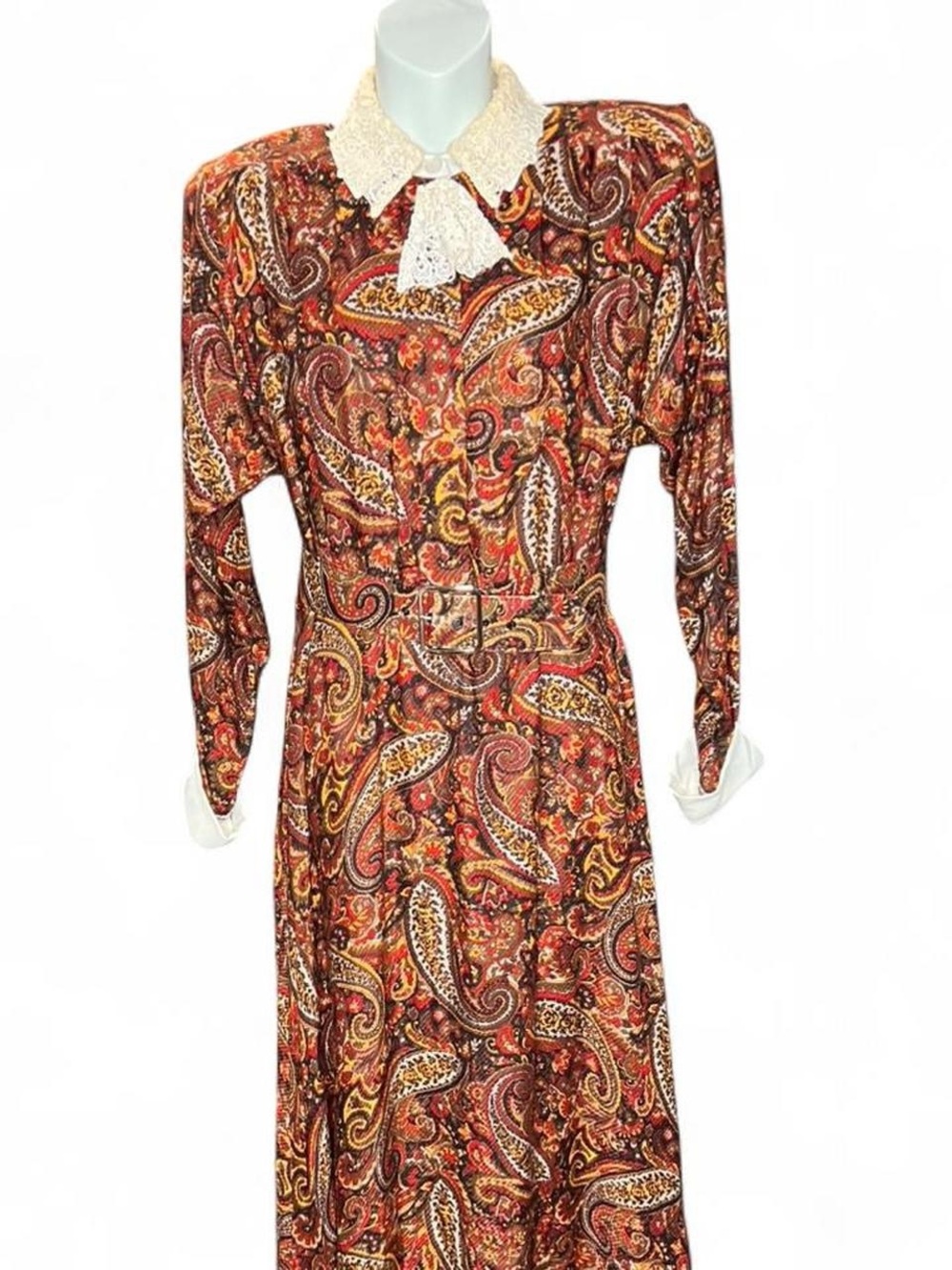 Vintage Paisley Long Sleeve Dress with Lace Collar - Brown/Red